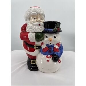 Vintage Hand Painted Santa/Snowman Ceramic Cookie Jar 12" In Original Box